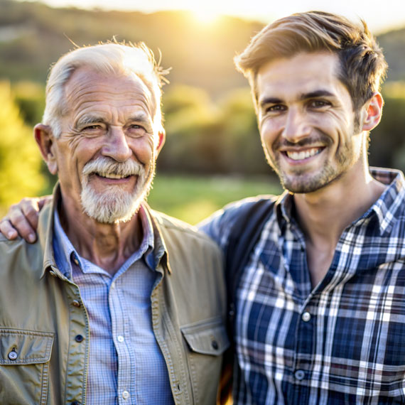 Father and son stand side by side in a sunny field, smiling and enjoying each other's company.