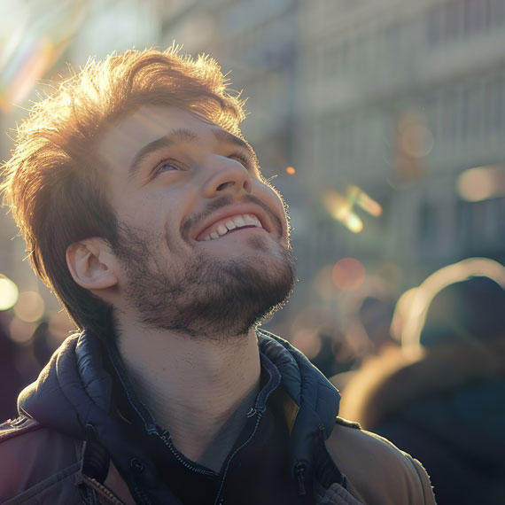 A man smiles brightly in the sunlight, looking up with joy on his face.