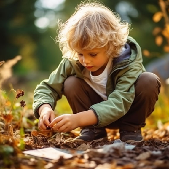 A young boy gathers colorful fallen leaves surrounded by trees and the beauty of nature.