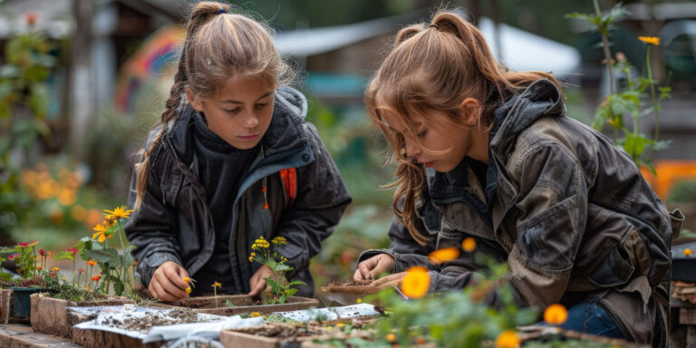 Two young girls explore a garden, sharing their excitement and curiosity about nature.